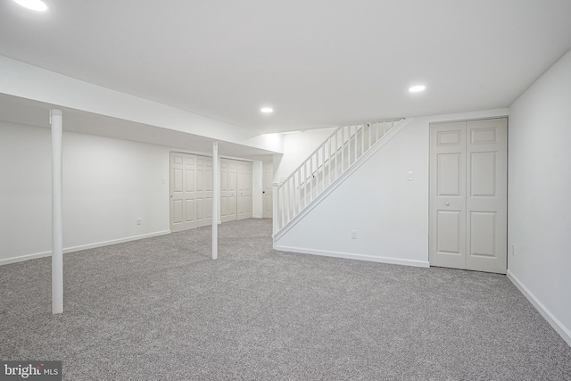 360 N Broad St, Clayton, NJ 08312 - finished below grade area featuring carpet flooring, baseboards, recessed lighting, and stairs