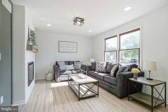 360 N Broad St, Clayton, NJ 08312 - living area featuring light wood-type flooring, a large fireplace, recessed lighting, and baseboards