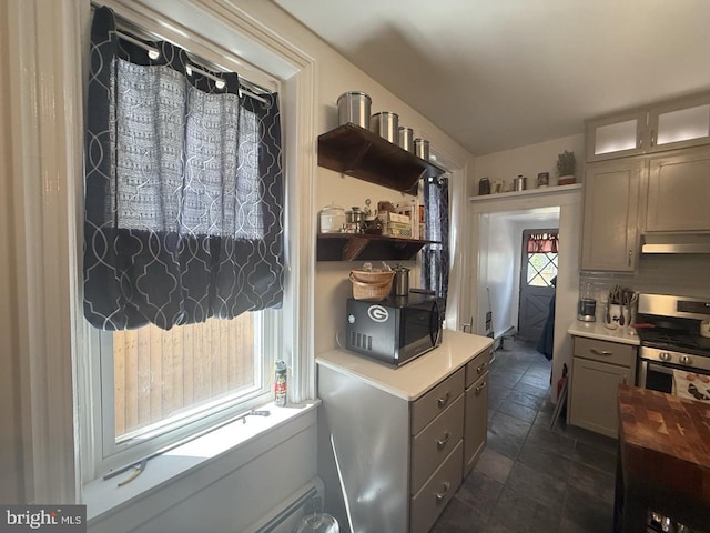 333 E Union St, Burlington, NJ 08016 - kitchen with stainless steel range with gas stovetop, black microwave, under cabinet range hood, light countertops, and glass insert cabinets