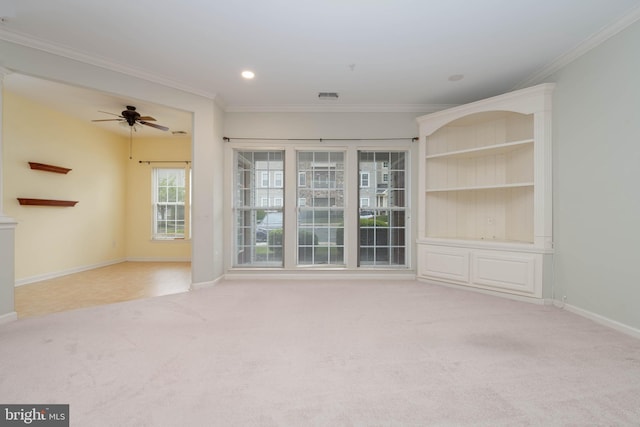 130 W Broadway Unit 1D, Bel Air, MD 21014 - empty room with light carpet, ornamental molding, baseboards, ceiling fan, and recessed lighting