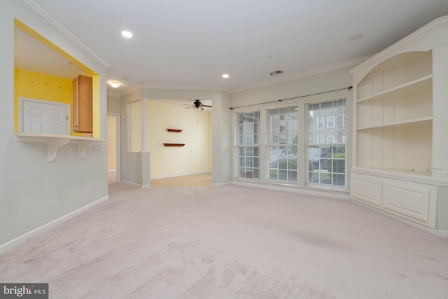 130 W Broadway Unit 1D, Bel Air, MD 21014 - unfurnished living room with light carpet, ornamental molding, baseboards, recessed lighting, and a ceiling fan