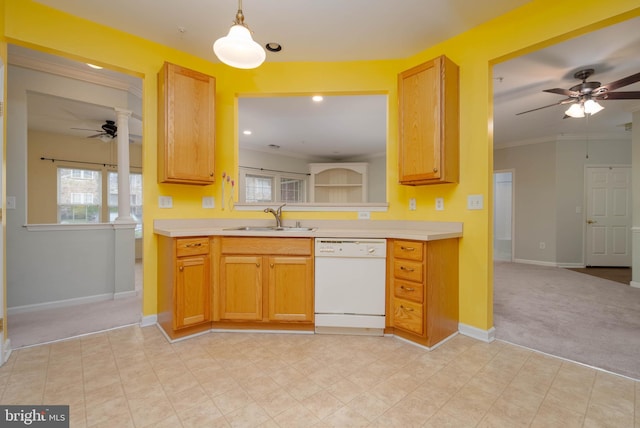 130 W Broadway Unit 1D, Bel Air, MD 21014 - kitchen with white dishwasher, ceiling fan, a sink, light countertops, and crown molding