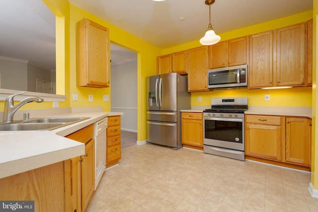 130 W Broadway Unit 1D, Bel Air, MD 21014 - kitchen with appliances with stainless steel finishes, a sink, crown molding, light countertops, and decorative light fixtures
