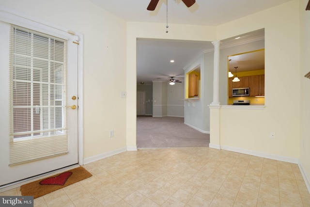 130 W Broadway Unit 1D, Bel Air, MD 21014 - interior space featuring decorative columns, a ceiling fan, crown molding, recessed lighting, and baseboards