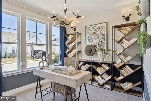 36534 Burleson Dr, Frankford, DE 19945 - carpeted home office with plenty of natural light, baseboards, and a chandelier