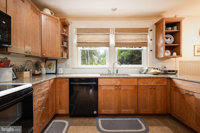 550 Somerton Ave, Philadelphia, PA 19116 - kitchen with black appliances, open shelves, a sink, backsplash, and light stone counters