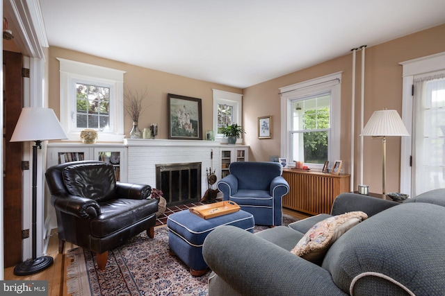 550 Somerton Ave, Philadelphia, PA 19116 - living room featuring wood finished floors, a fireplace, and radiator heating unit