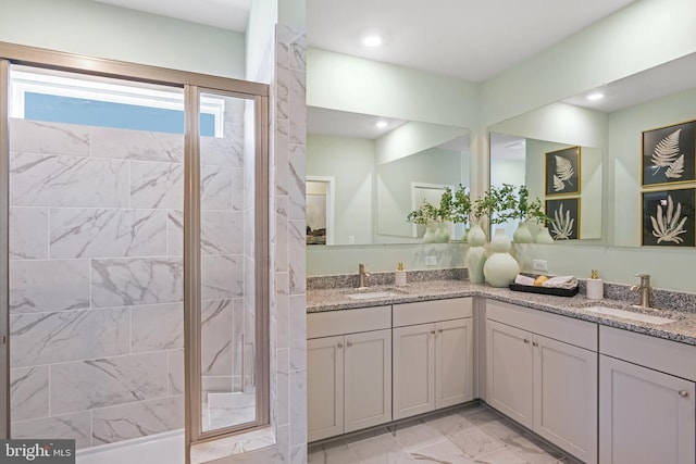 36529 Burleson Dr, Frankford, DE 19945 - full bathroom with a shower stall, double vanity, marble look tile flooring, and recessed lighting