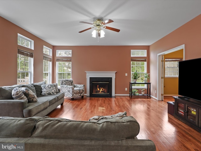 9499 Ballagan Ct, Bristow, VA 20136 - living room featuring wood finished floors, a ceiling fan, a fireplace with flush hearth, and baseboards