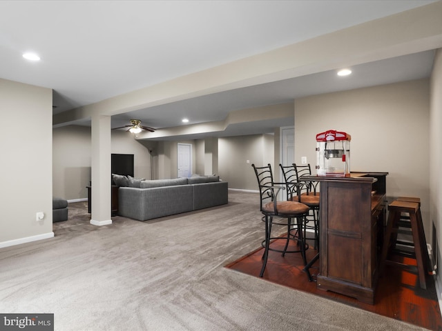 9499 Ballagan Ct, Bristow, VA 20136 - indoor dry bar featuring carpet floors, baseboards, recessed lighting, and a ceiling fan
