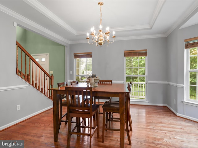 9499 Ballagan Ct, Bristow, VA 20136 - dining area with healthy amount of natural light, a chandelier, wood finished floors, a raised ceiling, and crown molding