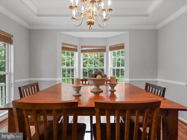 9499 Ballagan Ct, Bristow, VA 20136 - dining room with a raised ceiling, wood finished floors, crown molding, and a chandelier