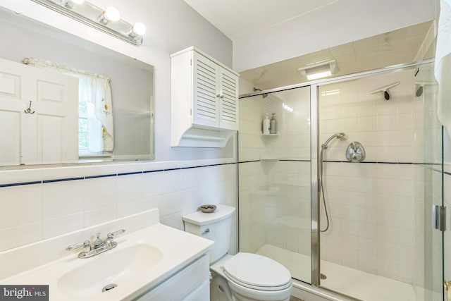 221 Shirley, Jeffersonville, PA 19403 - bathroom with vanity, a shower stall, tile walls, and toilet