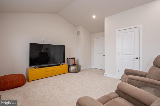 carpeted living room with baseboards, lofted ceiling, and recessed lighting