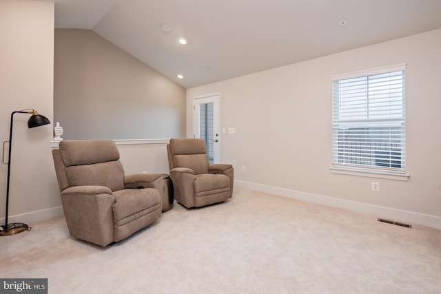 living area with carpet flooring, baseboards, vaulted ceiling, and recessed lighting