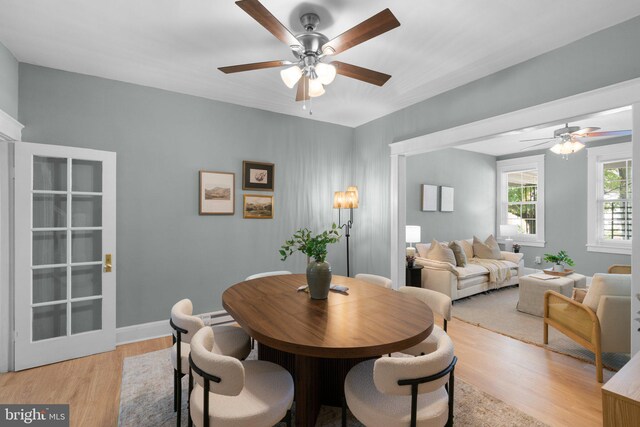 2719 Wilkens Ave, Baltimore, MD 21223 - dining space featuring ceiling fan, light wood-style floors, and baseboards