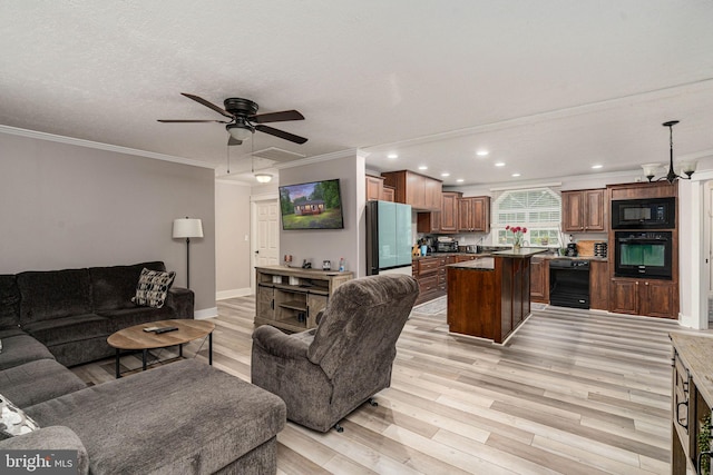 16155 Kerby Dr, Orange, VA 22960 - living room with crown molding, light wood-style flooring, ceiling fan, recessed lighting, and baseboards