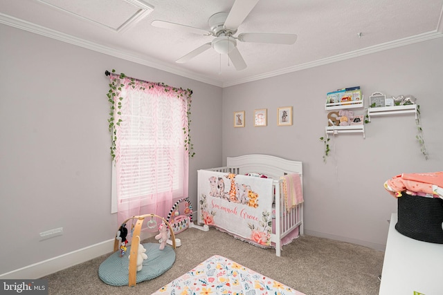16155 Kerby Dr, Orange, VA 22960 - carpeted bedroom with crown molding, a crib, and ceiling fan