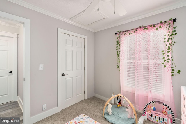 16155 Kerby Dr, Orange, VA 22960 - game room with ornamental molding, carpet, attic access, and baseboards
