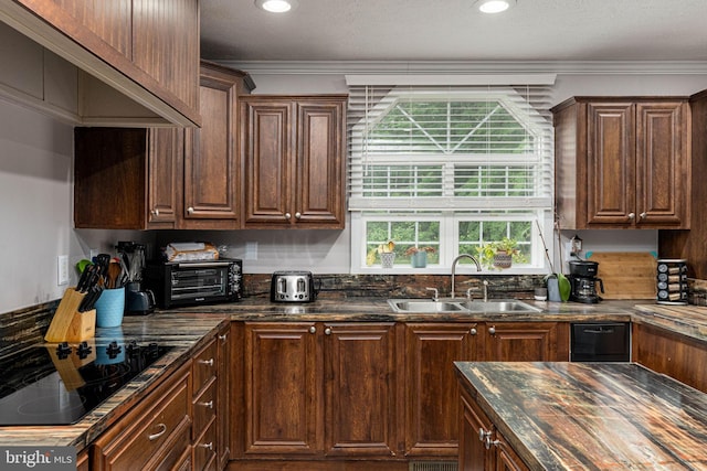 16155 Kerby Dr, Orange, VA 22960 - kitchen featuring a sink, black electric stovetop, crown molding, dark stone counters, and recessed lighting