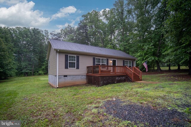 16155 Kerby Dr, Orange, VA 22960 - view of front of property featuring crawl space, a wooden deck, a front lawn, and roof with shingles
