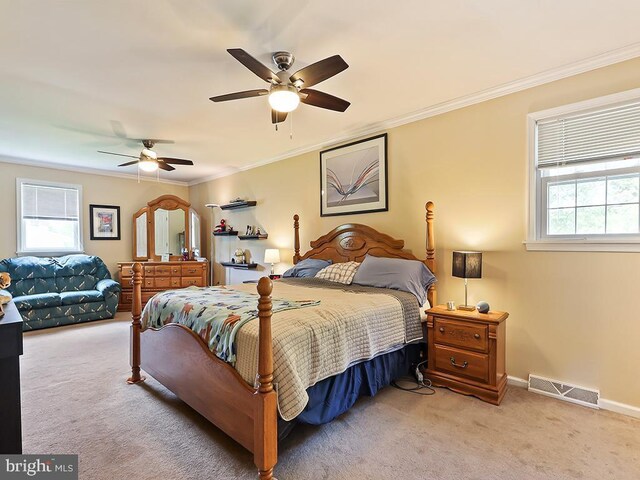 201 Hunter Ln, North Wales, PA 19454 - bedroom featuring multiple windows, carpet floors, crown molding, a ceiling fan, and baseboards