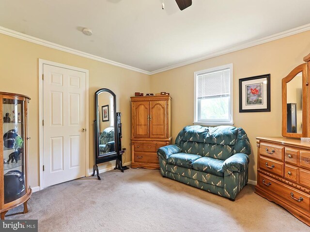 201 Hunter Ln, North Wales, PA 19454 - sitting room featuring crown molding, light colored carpet, baseboards, and ceiling fan