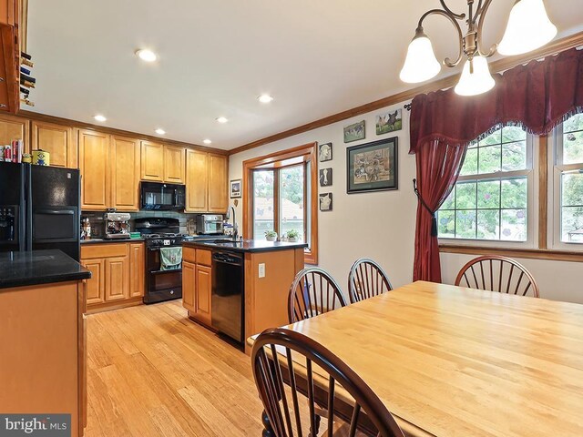 201 Hunter Ln, North Wales, PA 19454 - kitchen with black appliances, light wood finished floors, plenty of natural light, ornamental molding, and a sink