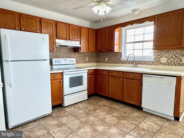 326 Banbury Ter, Winchester, VA 22601 - kitchen featuring white appliances, a sink, under cabinet range hood, brown cabinetry, and a textured ceiling