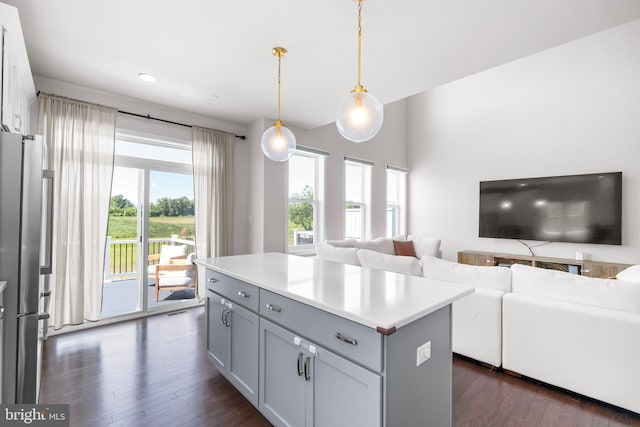 65 Tamarack Cir, Eagleville, PA 19403 - kitchen with freestanding refrigerator, open floor plan, dark wood-style floors, gray cabinets, and recessed lighting