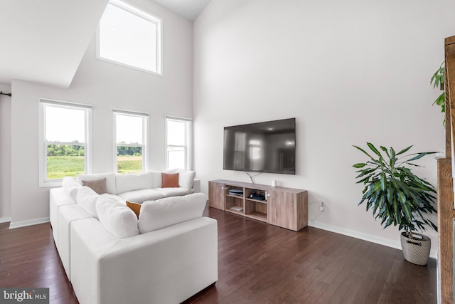 65 Tamarack Cir, Eagleville, PA 19403 - living area featuring baseboards, a high ceiling, healthy amount of natural light, and dark wood-style flooring