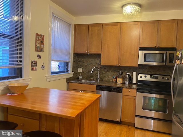 1858 California St NW Unit 33, Washington, DC 20009 - kitchen featuring stainless steel appliances, tasteful backsplash, butcher block counters, light wood-style flooring, and brown cabinetry