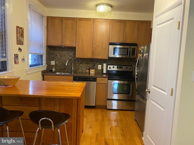 1858 California St NW Unit 33, Washington, DC 20009 - kitchen with stainless steel appliances, light wood finished floors, butcher block counters, a kitchen breakfast bar, and decorative backsplash