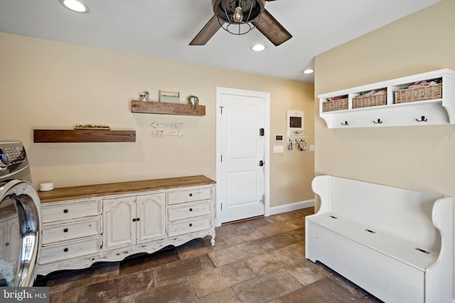 503 Dugout Dr, Lanoka Harbor, NJ 08734 - mudroom featuring a ceiling fan, baseboards, stone finish floors, and recessed lighting