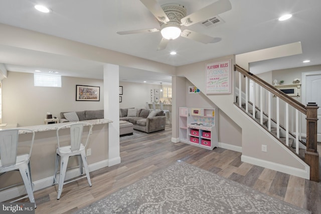 503 Dugout Dr, Lanoka Harbor, NJ 08734 - recreation room with wood finished floors, a ceiling fan, baseboards, and recessed lighting
