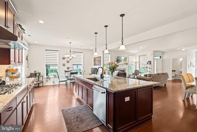 1255 Webb Dr, Perkasie, PA 18944 - kitchen with a sink, stainless steel appliances, a fireplace, dark wood-type flooring, and recessed lighting