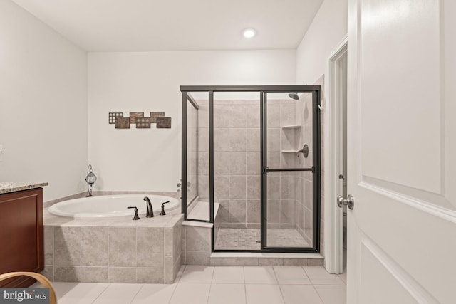 1255 Webb Dr, Perkasie, PA 18944 - bathroom featuring a bath, tile patterned flooring, a shower stall, vanity, and recessed lighting
