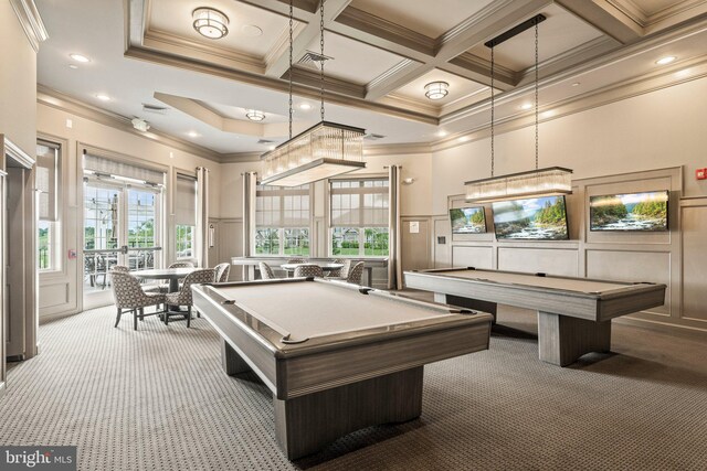 1255 Webb Dr, Perkasie, PA 18944 - recreation room featuring a decorative wall, carpet, pool table, ornamental molding, and coffered ceiling