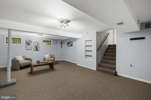 12516 Castleleigh Pl, Silver Spring, MD 20904 - sitting room with carpet, baseboards, built in shelves, and stairs