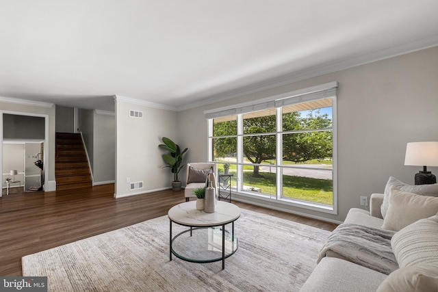 12516 Castleleigh Pl, Silver Spring, MD 20904 - living area with stairway, ornamental molding, baseboards, and wood finished floors