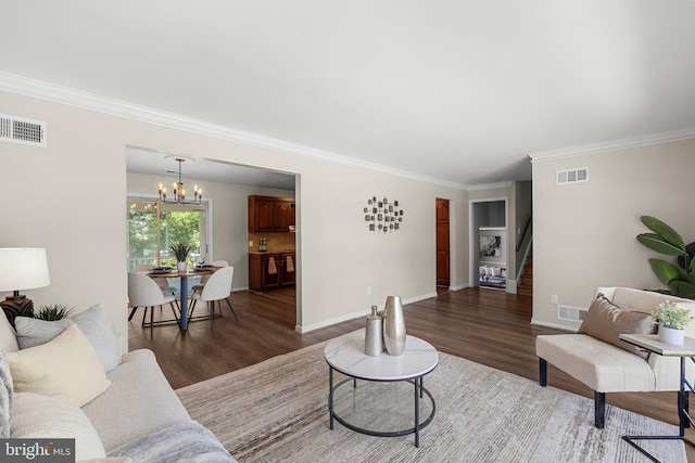 12516 Castleleigh Pl, Silver Spring, MD 20904 - living room with wood finished floors, a chandelier, stairway, ornamental molding, and baseboards
