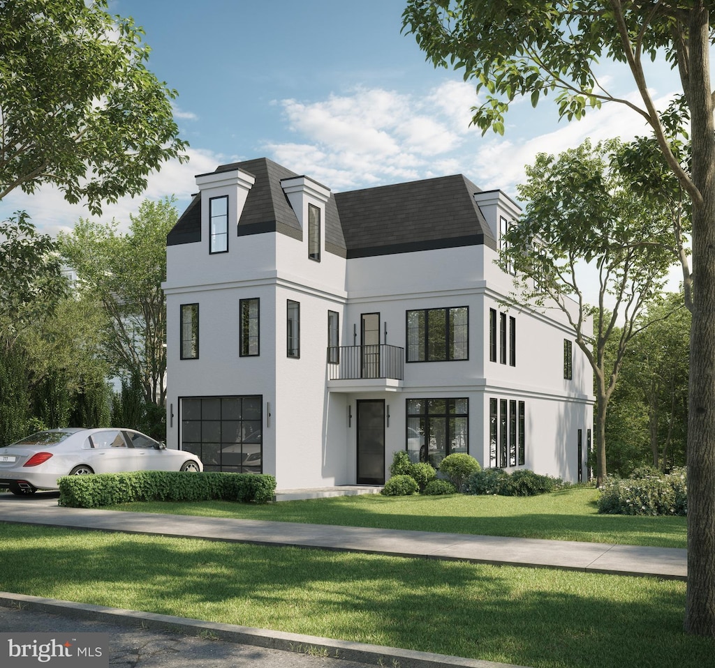 5122 Cathedral Ave NW, Washington, DC 20016 - view of front of property featuring stucco siding, a garage, a shingled roof, a front yard, and a balcony