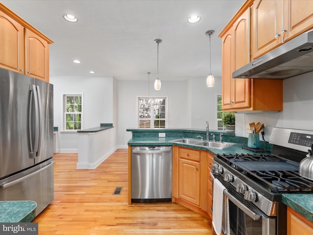 2411 Windwood Dr, Winchester, VA 22601 - kitchen featuring appliances with stainless steel finishes, under cabinet range hood, a sink, a peninsula, and light wood-style flooring