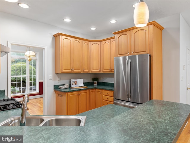 2411 Windwood Dr, Winchester, VA 22601 - kitchen featuring freestanding refrigerator, a sink, wood finished floors, dark countertops, and recessed lighting