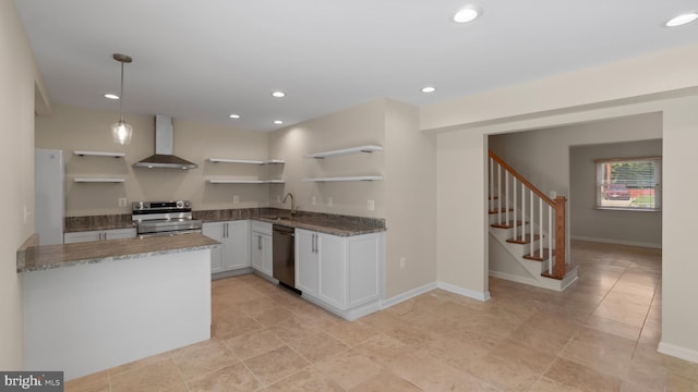 632 Towne Center Dr, Joppa, MD 21085 - kitchen with wall chimney range hood, stainless steel appliances, open shelves, dark stone counters, and white cabinets