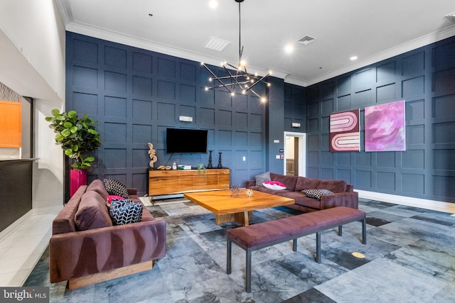 4701 Old Soper Rd Unit 565, Suitland, MD 20746 - living room featuring a decorative wall, crown molding, a chandelier, and a towering ceiling