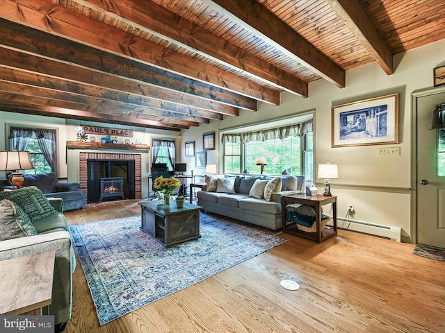 3622 Pricetown Rd, Fleetwood, PA 19522 - living area with baseboard heating, wood ceiling with exposed beams, wood finished floors, plenty of natural light, and a brick fireplace