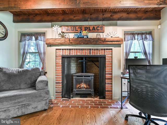 3622 Pricetown Rd, Fleetwood, PA 19522 - detailed view of wood finished floors, wood ceiling with exposed beams, a wood stove, and baseboards