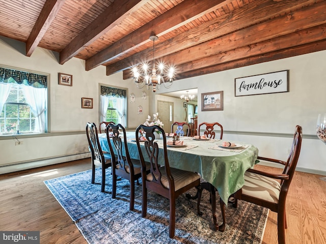 3622 Pricetown Rd, Fleetwood, PA 19522 - dining space featuring a chandelier, wood ceiling with exposed beams, wood finished floors, and a baseboard radiator