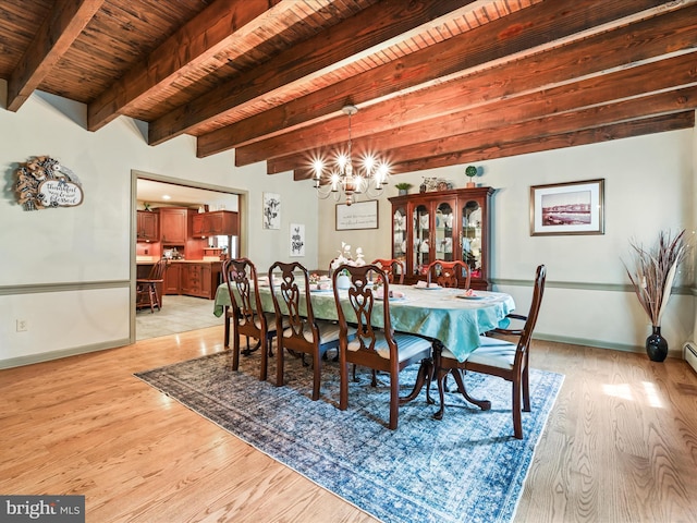 3622 Pricetown Rd, Fleetwood, PA 19522 - dining area with wooden ceiling with exposed beams, a chandelier, light wood finished floors, and baseboards
